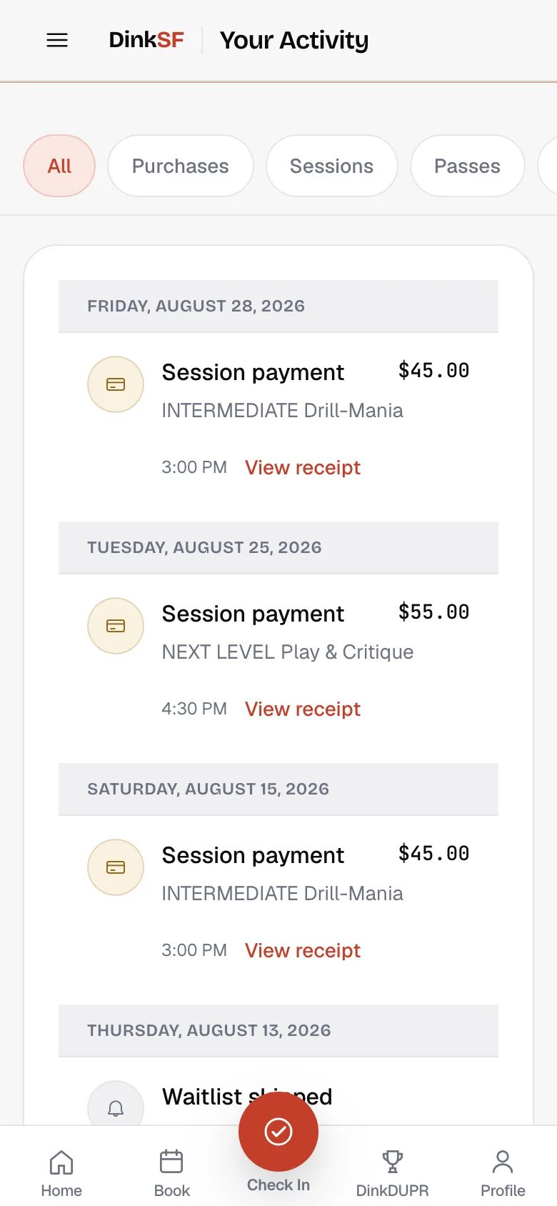 Activity feed of session payments with amounts and receipts